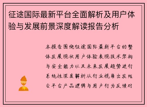 征途国际最新平台全面解析及用户体验与发展前景深度解读报告分析